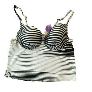 Lane Bryant Cacique 44C Striped Plunge Tankini Swim Top Black White Swimwear NWT